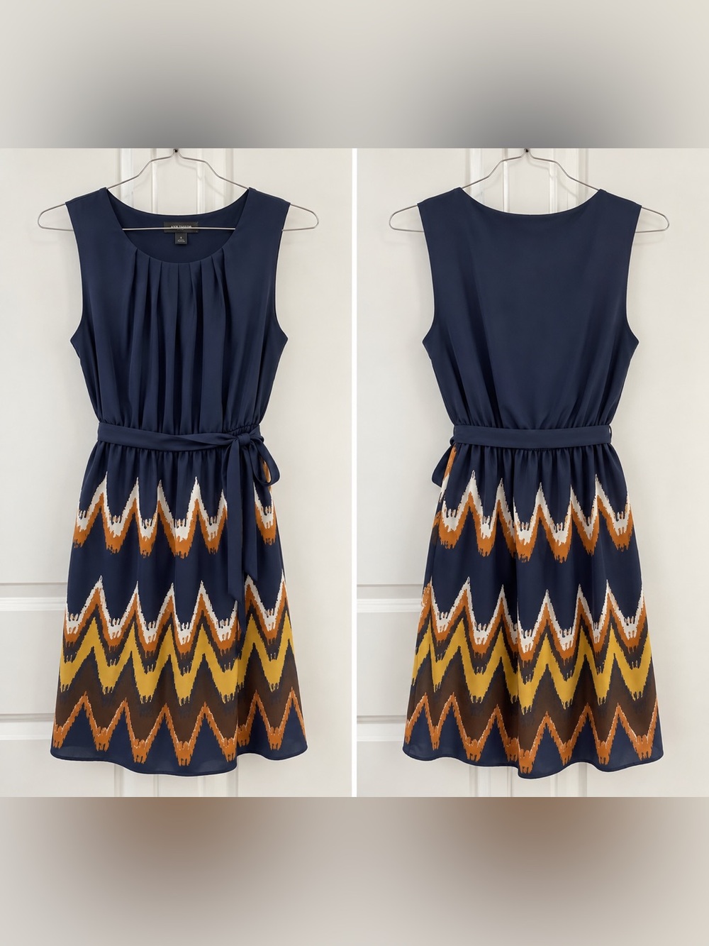 Sleeveless Navy Chevron Print Belted Dress